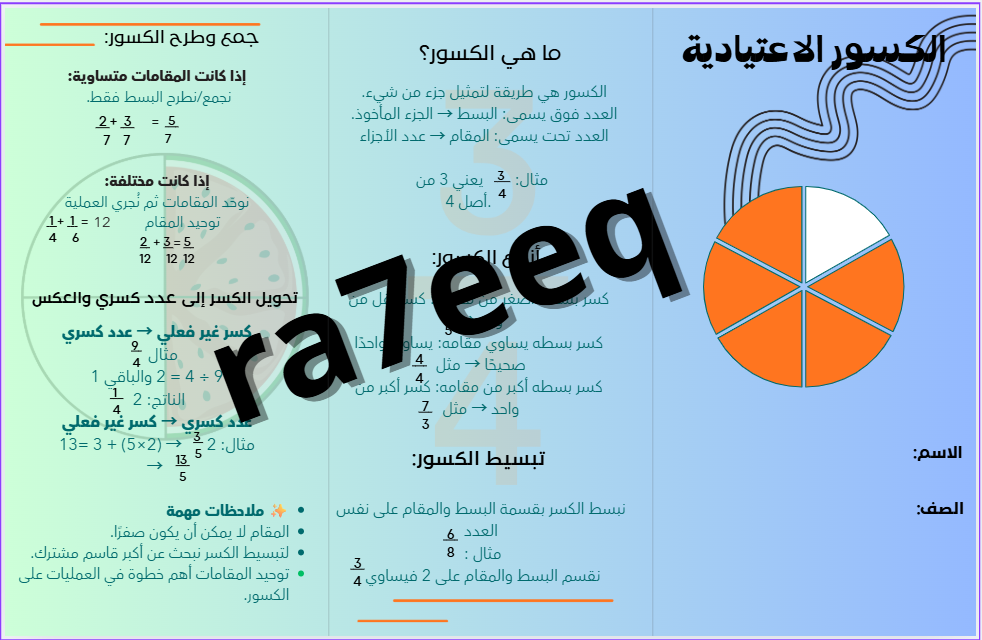 مطوية الكسور الاعتيادية للصف الخامس الابتدائي ف1